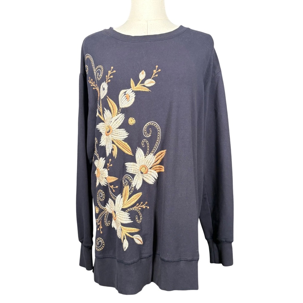 Johnny Was Floral Embroidered Sweatshirt Tunic Navy Blue Womens Medium